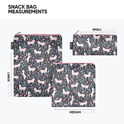 Simple Modern Reusable Snack Bags for Kids | Food Safe, BPA Free, Phthalate Free, Polyester Zip Pouches | Washable & Refillable Sandwich Bag | Ellie Collection | 3 pack | Unicorn Fields