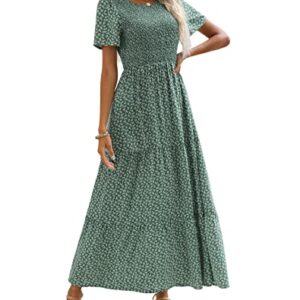 Zattcas Womens 2023 Spring Summer Smocked Tiered Boho Floral Long Maxi Dresses Casual Short Sleeve Modest Flowy Church Maternity Wedding Guest Dress Green XL