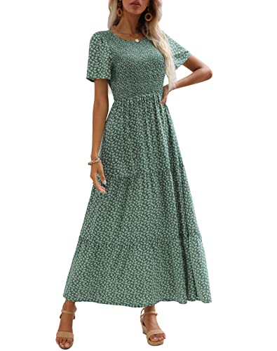 Zattcas Womens 2023 Spring Summer Smocked Tiered Boho Floral Long Maxi Dresses Casual Short Sleeve Modest Flowy Church Maternity Wedding Guest Dress Green XL