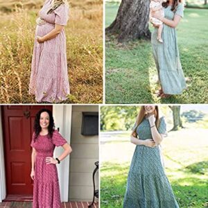 Zattcas Womens 2023 Spring Summer Smocked Tiered Boho Floral Long Maxi Dresses Casual Short Sleeve Modest Flowy Church Maternity Wedding Guest Dress Green XL