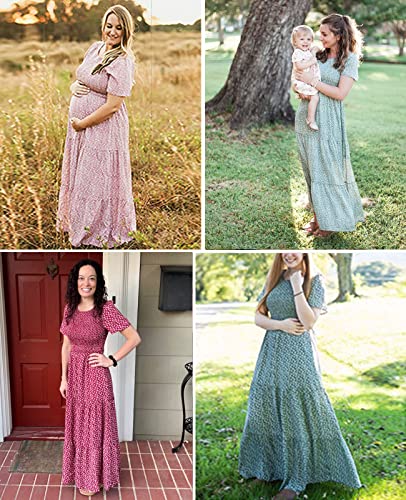 Zattcas Womens 2023 Spring Summer Smocked Tiered Boho Floral Long Maxi Dresses Casual Short Sleeve Modest Flowy Church Maternity Wedding Guest Dress Green XL