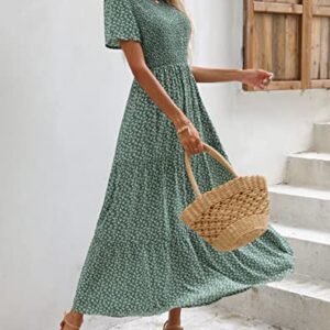 Zattcas Womens 2023 Spring Summer Smocked Tiered Boho Floral Long Maxi Dresses Casual Short Sleeve Modest Flowy Church Maternity Wedding Guest Dress Green XL