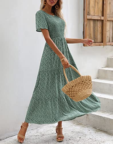 Zattcas Womens 2023 Spring Summer Smocked Tiered Boho Floral Long Maxi Dresses Casual Short Sleeve Modest Flowy Church Maternity Wedding Guest Dress Green XL