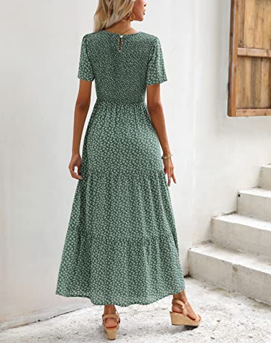 Zattcas Womens 2023 Spring Summer Smocked Tiered Boho Floral Long Maxi Dresses Casual Short Sleeve Modest Flowy Church Maternity Wedding Guest Dress Green XL