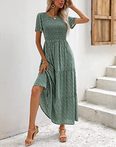 Zattcas Womens 2023 Spring Summer Smocked Tiered Boho Floral Long Maxi Dresses Casual Short Sleeve Modest Flowy Church Maternity Wedding Guest Dress Green XL