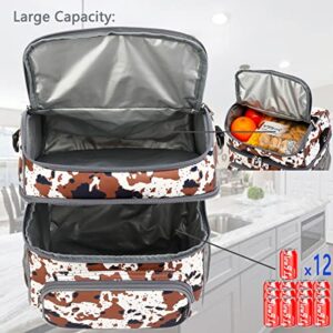 FlowFly Double Layer Cooler Insulated Lunch Bag Adult Lunch Box Large Tote Bag for Men, Women, With Adjustable Strap,Front Pocket and Dual Large Mesh Side Pockets,Cow