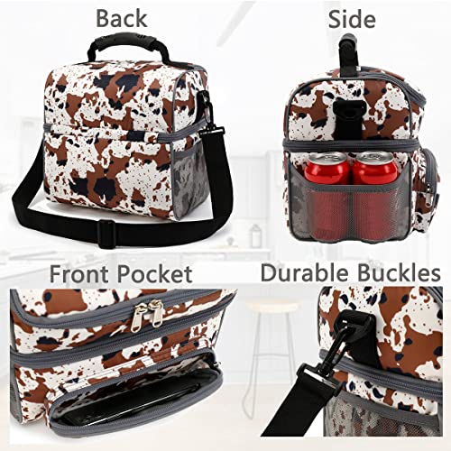 FlowFly Double Layer Cooler Insulated Lunch Bag Adult Lunch Box Large Tote Bag for Men, Women, With Adjustable Strap,Front Pocket and Dual Large Mesh Side Pockets,Cow