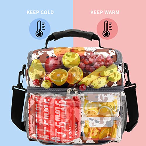 FlowFly Double Layer Cooler Insulated Lunch Bag Adult Lunch Box Large Tote Bag for Men, Women, With Adjustable Strap,Front Pocket and Dual Large Mesh Side Pockets,Cow