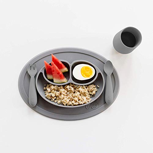 ezpz Mini Collection Set (Gray) - 100% Silicone Cup, Fork, Spoon & Mini Mat Suction Plate with Built-in Placemat for Infants + Toddlers - First Foods + Self-Feeding - 12 Months+