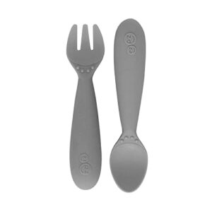 ezpz Mini Collection Set (Gray) - 100% Silicone Cup, Fork, Spoon & Mini Mat Suction Plate with Built-in Placemat for Infants + Toddlers - First Foods + Self-Feeding - 12 Months+