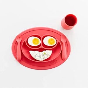 ezpz mini collection set (coral) - 100% silicone cup, fork, spoon & mini mat suction plate with built-in placemat for infants + toddlers - first foods + self-feeding - 12 months+
