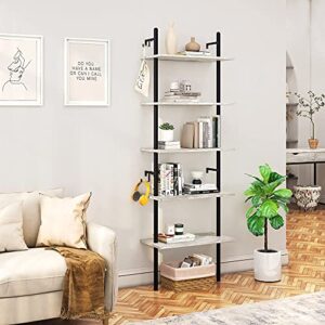 bestier 70" industrial wall-mounted ladder shelf 5 tier bookshelf with storage organizer plant flower display stand round tube bookcase rack with 2 hooks for home office, gray