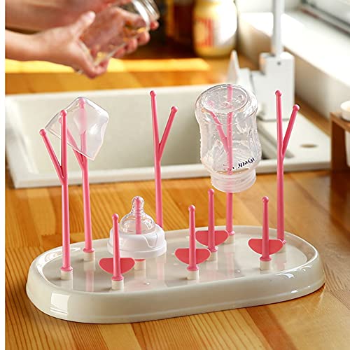 Gorgerous Baby Bottle Drying Rack with Tray Detachable Draining Rack Water Cup Rack Storage High Capacity Bottle Dryer Holder for Bottles,Teats,Cups,Pump Parts and Accessories (Pink with Cover)