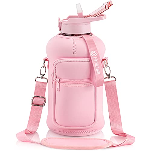 Fimibuke Half Gallon Water Bottle with Sleeve 64 OZ Water Bottle with Handle & Straw Leakproof Motivational Sports Gym Water Bottle with Time Marker BPA Free Water Jug with Neoprene Holder - Rose Pink