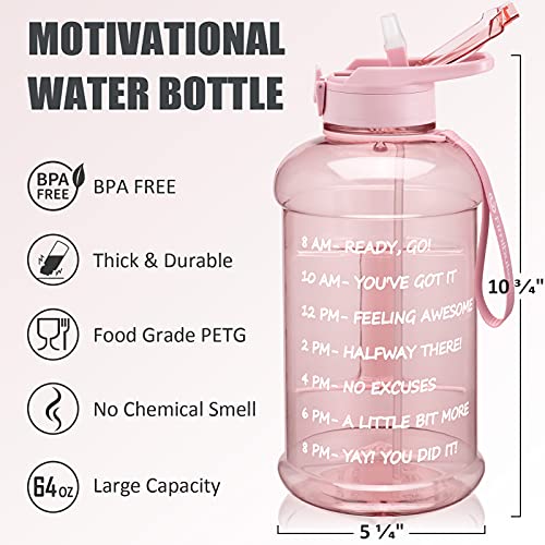 Fimibuke Half Gallon Water Bottle with Sleeve 64 OZ Water Bottle with Handle & Straw Leakproof Motivational Sports Gym Water Bottle with Time Marker BPA Free Water Jug with Neoprene Holder - Rose Pink