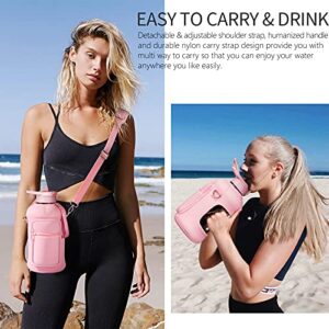 Fimibuke Half Gallon Water Bottle with Sleeve 64 OZ Water Bottle with Handle & Straw Leakproof Motivational Sports Gym Water Bottle with Time Marker BPA Free Water Jug with Neoprene Holder - Rose Pink