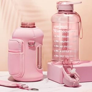 Fimibuke Half Gallon Water Bottle with Sleeve 64 OZ Water Bottle with Handle & Straw Leakproof Motivational Sports Gym Water Bottle with Time Marker BPA Free Water Jug with Neoprene Holder - Rose Pink