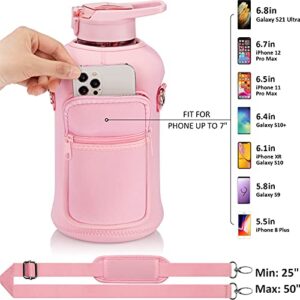 Fimibuke Half Gallon Water Bottle with Sleeve 64 OZ Water Bottle with Handle & Straw Leakproof Motivational Sports Gym Water Bottle with Time Marker BPA Free Water Jug with Neoprene Holder - Rose Pink