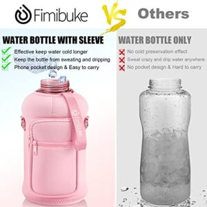 Fimibuke Half Gallon Water Bottle with Sleeve 64 OZ Water Bottle with Handle & Straw Leakproof Motivational Sports Gym Water Bottle with Time Marker BPA Free Water Jug with Neoprene Holder - Rose Pink