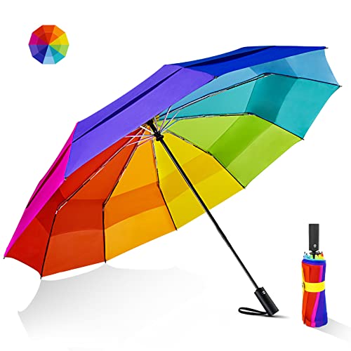 Lejorain Large Golf Umbrella Windproof - Oversized 54inch Double Layer Rainbow 10Ribs Folding Travel Umbrella Compact Auto Open Close for Rain Women/Men