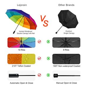 Lejorain Large Golf Umbrella Windproof - Oversized 54inch Double Layer Rainbow 10Ribs Folding Travel Umbrella Compact Auto Open Close for Rain Women/Men