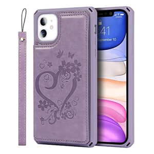 Jaorty for iPhone 11 Wallet Case with RFID Blocking Card Holder for Girls Women,Premium PU Leather Magnetic Buttons Stand Flip Wrist Strap Case for iPhone 11 6.1 Inch,Heart Purple