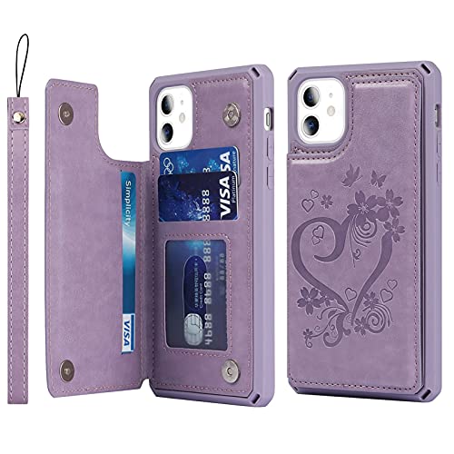 Jaorty for iPhone 11 Wallet Case with RFID Blocking Card Holder for Girls Women,Premium PU Leather Magnetic Buttons Stand Flip Wrist Strap Case for iPhone 11 6.1 Inch,Heart Purple