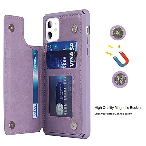 Jaorty for iPhone 11 Wallet Case with RFID Blocking Card Holder for Girls Women,Premium PU Leather Magnetic Buttons Stand Flip Wrist Strap Case for iPhone 11 6.1 Inch,Heart Purple