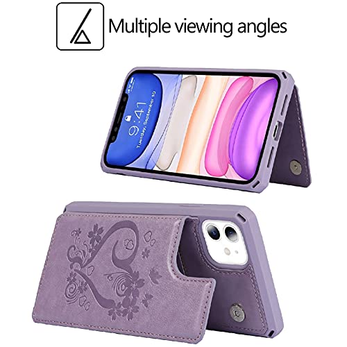 Jaorty for iPhone 11 Wallet Case with RFID Blocking Card Holder for Girls Women,Premium PU Leather Magnetic Buttons Stand Flip Wrist Strap Case for iPhone 11 6.1 Inch,Heart Purple