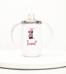 personalized insulated stainless steel sippy cup | any name or text | minnie mouse initial and name | sippy cup for toddlers | sippy cup for baby