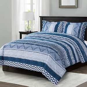 shatex full size comforter set (86x82inch) 3 pieces,cozy bedding for all season,blue bohemian stripes comforter,ultra soft 100% microfiber polyester,triangle comforter with 2 pillow shams (20x26inch)