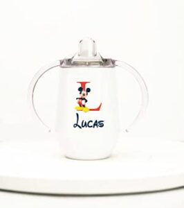 personalized insulated stainless steel sippy cup | any name or text | mickey mouse initial and name | sippy cup for toddlers | sippy cup for baby