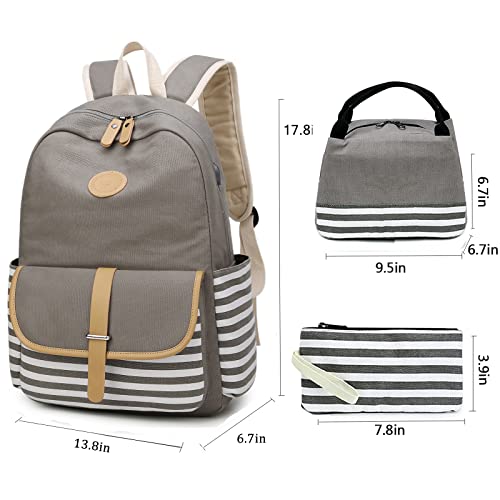Sunborls Backpack for Teen Girls Lightweight High-capacity Middle Student Bookbag Women Backpack With Lunch bag Pencil Bags Student Bookbags 3Pcs (Grey)
