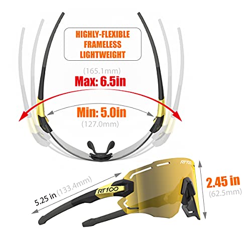 RT100 sport Cycling Sunglasses for Men, frameless wrap around Flexible light weight biking Gold sunglasses Triathlon Tennis