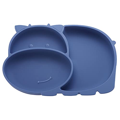 RUNDE Silicone Baby Plates with Suction,Divided Placemat Dish for Toddlers and Kids,Baby First Stage Self Feeding Training Supplies (Hippo-Blue)