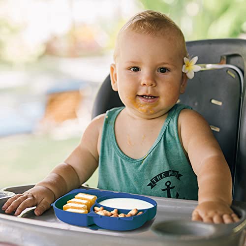 RUNDE Silicone Baby Plates with Suction,Divided Placemat Dish for Toddlers and Kids,Baby First Stage Self Feeding Training Supplies (Hippo-Blue)