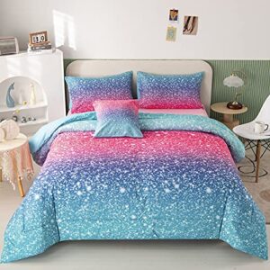 rynghipy 6pcs gradient glitter bedding set for girls twin size, colorful rainbow all-season comforter set, ultra soft bedding collections
