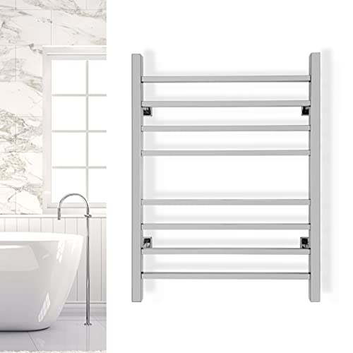 WarmlyYours TW-SR08PS-HP 8-Bar Sierra Electric Heated Bath Towel Warmer Rack, Dual Connection, Hardwired and Plug-in, Wallmountable, Programmable Timer, Stainless Steel, Polished Stainless