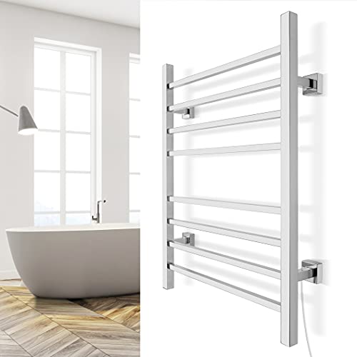 WarmlyYours TW-SR08PS-HP 8-Bar Sierra Electric Heated Bath Towel Warmer Rack, Dual Connection, Hardwired and Plug-in, Wallmountable, Programmable Timer, Stainless Steel, Polished Stainless