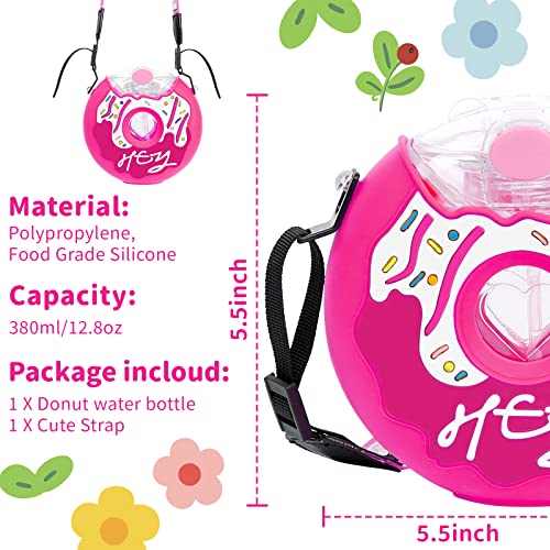 PHEENOWL 380ml Donut Water Bottle with Straw for Kids, BPA Free & Leak Proof Sports Cup with Straw, Toddler Drink Bottle with Shoulder Strap for Outdoor and School (Pink)