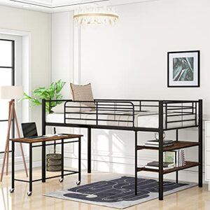 harper & bright designs low loft bed with desk, twin size metal loft bed frame with storage shelves for kids (twin size, black)