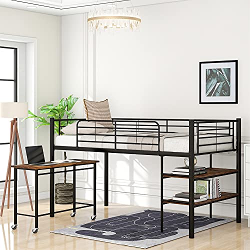 Harper & Bright Designs Low Loft Bed with Desk, Twin Size Metal Loft Bed Frame with Storage Shelves for Kids (Twin Size, Black)