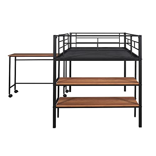 Harper & Bright Designs Low Loft Bed with Desk, Twin Size Metal Loft Bed Frame with Storage Shelves for Kids (Twin Size, Black)