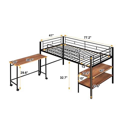 Harper & Bright Designs Low Loft Bed with Desk, Twin Size Metal Loft Bed Frame with Storage Shelves for Kids (Twin Size, Black)