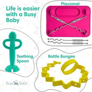 BUSY BABY MAT | Silicone Mini Suction Placemat for Babies & Toddlers with Adjustable Tethers to Attach Toys | Keep Toys Off The Floor, Dishwasher Safe, BPA Free | Includes Travel Sleeve (Pewter)