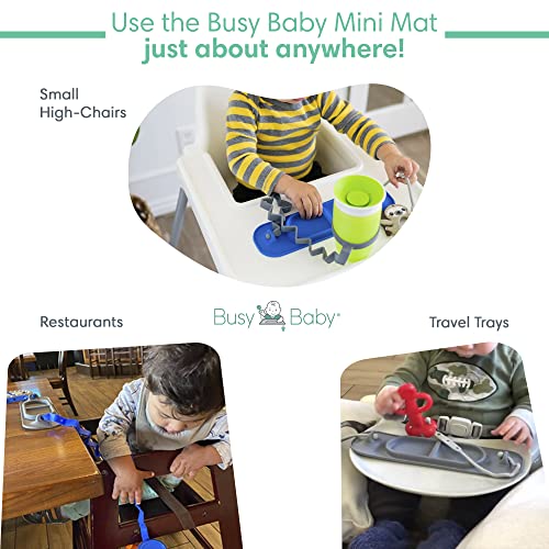 BUSY BABY MAT | Silicone Mini Suction Placemat for Babies & Toddlers with Adjustable Tethers to Attach Toys | Keep Toys Off The Floor, Dishwasher Safe, BPA Free | Includes Travel Sleeve (Pewter)