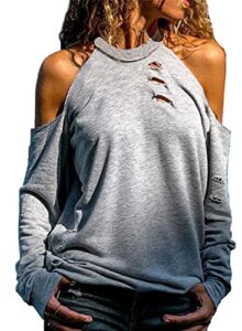 dokotoo fall casual cold shoulder tops for women hollowed out long sleeve sweatshirts t shirt women open shoulder tops sexy halter neck top pullover tunic blouses 2023 fashion gray xx-large