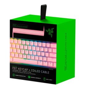 razer pbt keycap + coiled cable upgrade set: durable doubleshot pbt - universal compatibility - keycap removal tool & stabilizers - tactically coiled & designed - braided fiber cable - quartz pink