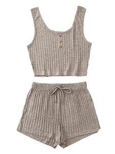 shein women's 2 piece sleeveless button crop tank tops and shorts lounge set khaki medium