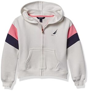 nautica girls' logo sweatshirt, fleece hoodie with full-zip front & pockets, marshmallow block, 16